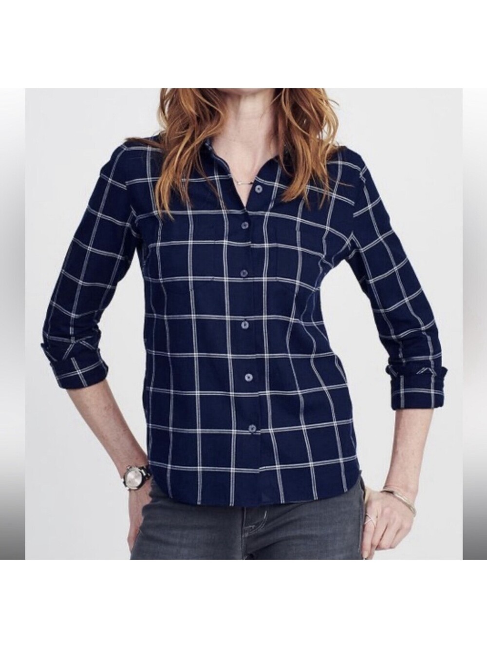 UNTUCKit Women Donna Cristina Button Up Shirt Windowpane Navy Blue 10 Top